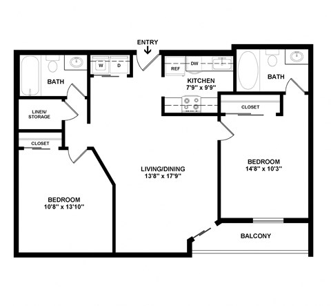 Floor plan for 2 beds, 2 baths, 913 sqft